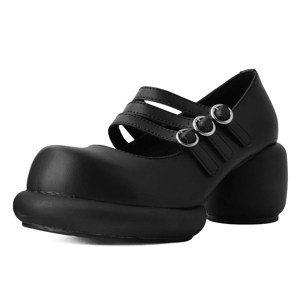 Bubble Heel 3-Strap Mary Janes Black Vegan Leather - Image 4